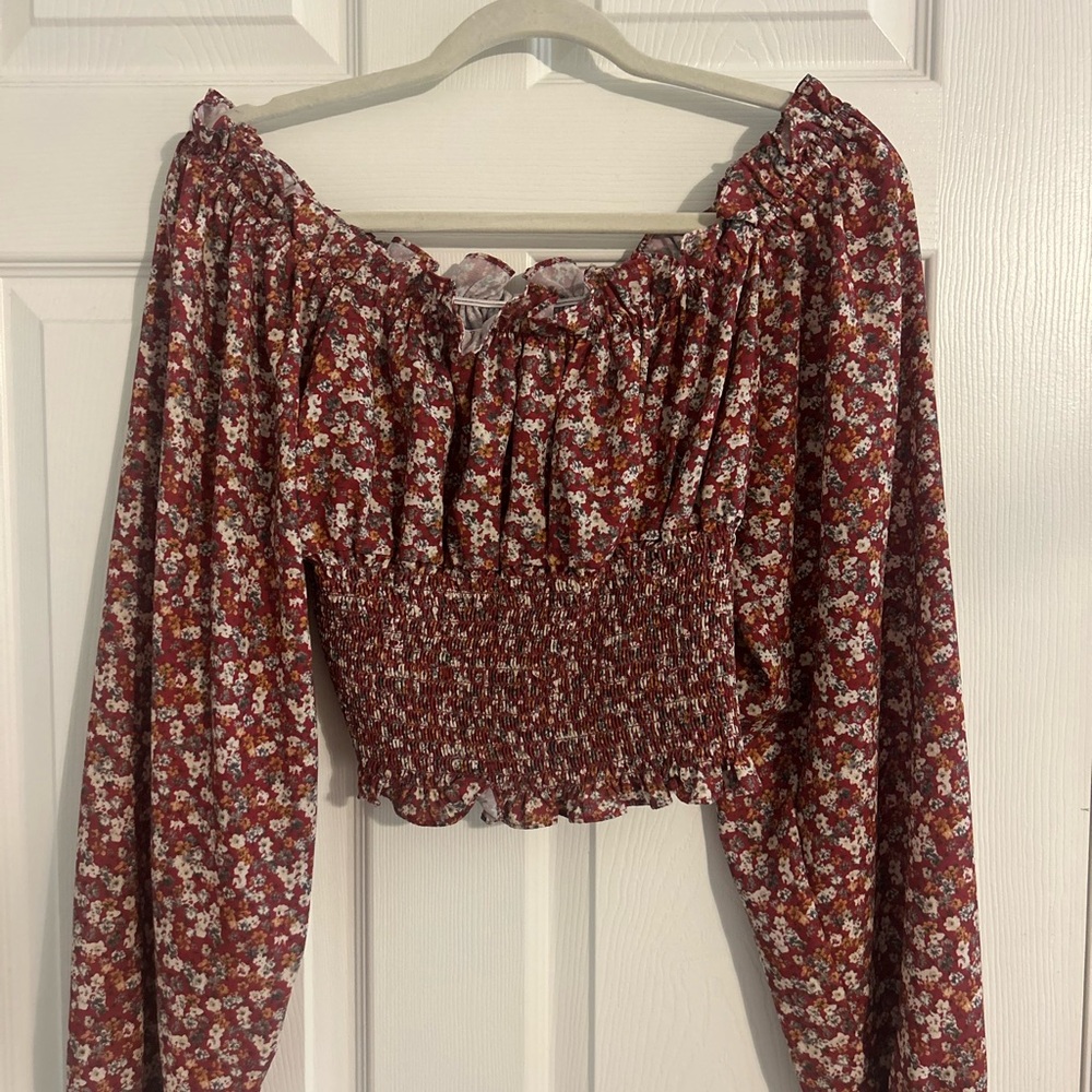 Red Smocked Ruched Long Sleeve Blouse